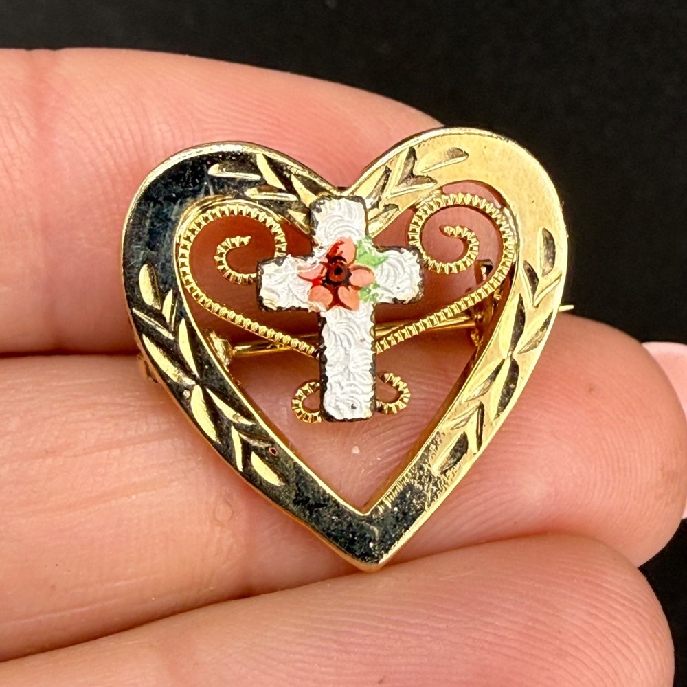 Vintage Heart‎ Brooch Guilloche Gold Tone Enamel Cross Religious Love